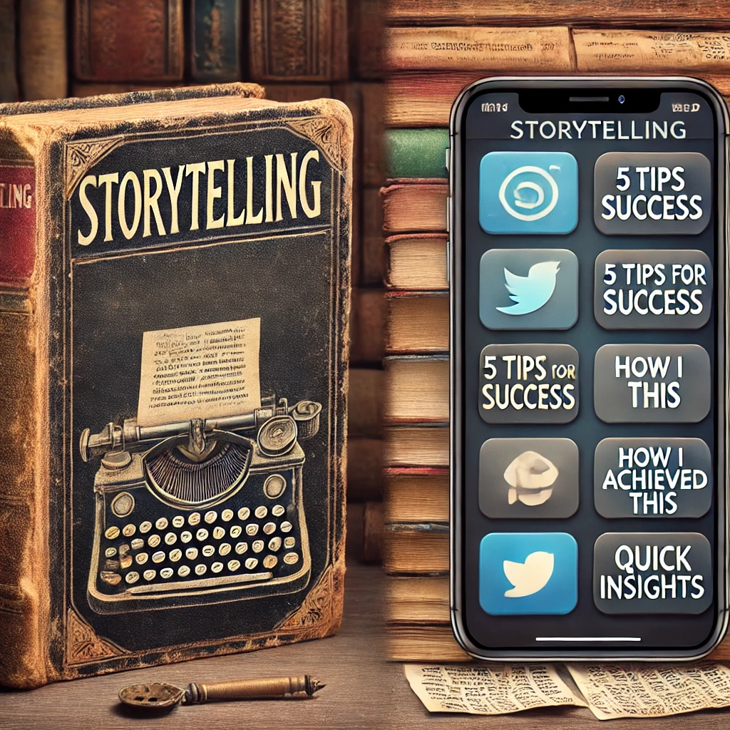 Immagine creata con AI per l'articolo "mi serve lo storytelling" che mette a confronto un vecchio tomo con titolo storytelling e uno smartphone con icone social.